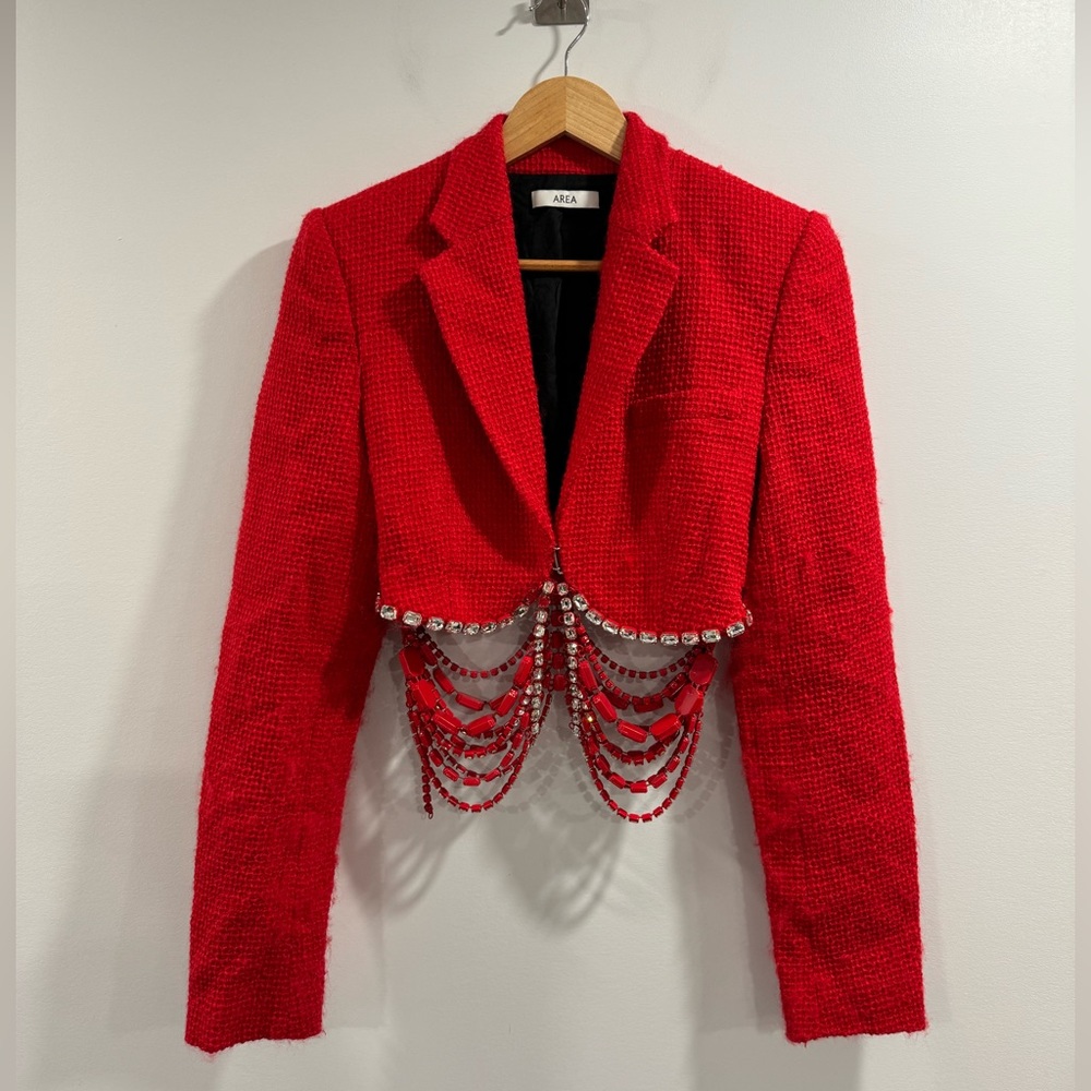 AREA Women Crystal Embellished Crop Tweed Blazer Red Size Small
